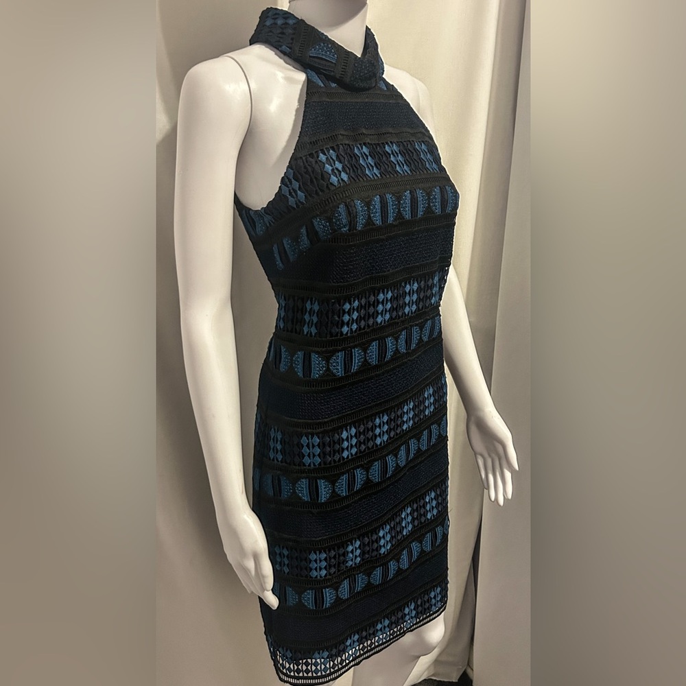 Trina Turk Sz 0 Ocean Blue & Black Embroidered Bodycon Dress Boho Mermaid Glam